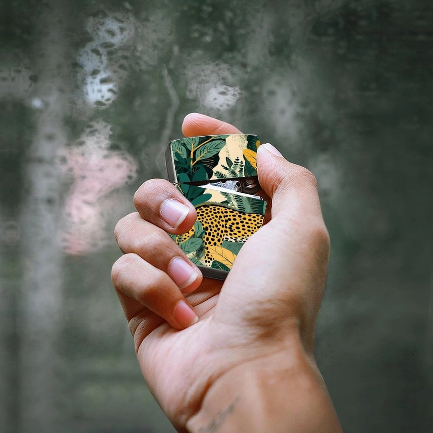 Yellow and Dark Green Lighter Case Waterproof Lighter Sleeve Lighters Protective Cover with Graffiti Design
