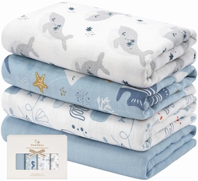 Yoofoss Muslin Swaddle Blankets, 4-Pack Receiving Blankets for Baby Boys and Girls, 47 x 47 Inches Baby Swaddle Neutral Wrap 70% Rayon from Bamboo and 30% Cotton