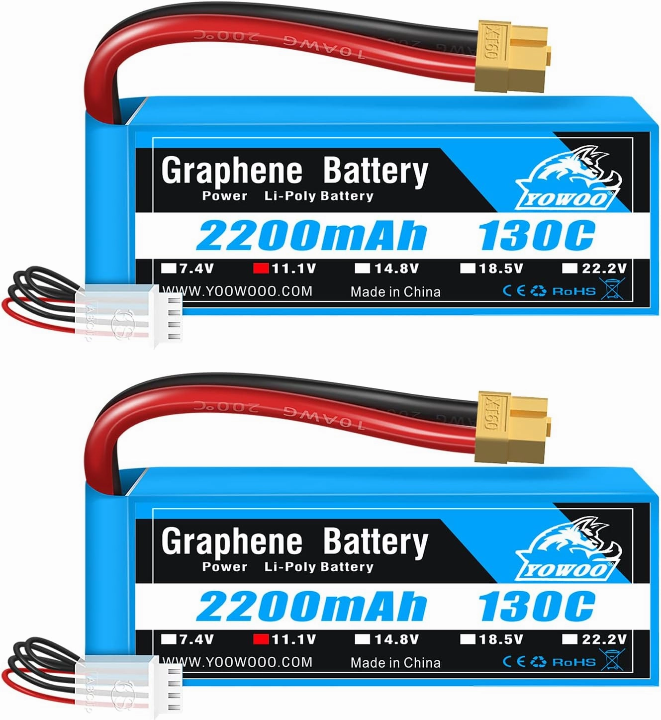 Yowoo 2 Pack 3S Lipo Battery 2200mAh 11.1V 130C Graphene Lipo Battery with XT60 Plug for E flite Valiant Parkzone E4F Wildcat Great Planes E-Cub RC Car Boat Truck Heli Airplane Quadcopter Helicopter